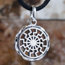 Load image into Gallery viewer, 925 Sterling Silver Black Sun Wheel Necklace Sonnenrad Pendant Occult Symbol Kolovrat Warrior Amulet Talisman Pagan Norse Viking Jewelry for Men Women/Handmade