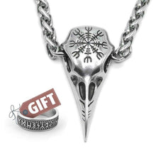 Load image into Gallery viewer, BaviPower Huginn Raven Skull Pendant Necklace with Aegishjalmur The Helm of Awe Symbol Stainless Steel Nordic Scandinavian Necklace