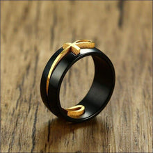 Load image into Gallery viewer, Black + Gold Cross Ring / Wedding Band for Men (Stainless Steel)