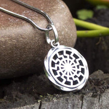 Load image into Gallery viewer, Black Sun Wheel Sterling Silver Pendant Necklace for Men Women Occult Wiccan Pagan Sonnenrad Kolovrat Warrior Talisman Solar Amulet Norse Handcrafted Jewelry/Additional Option -Sterling Silver Chains