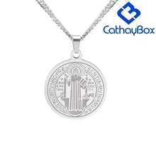 Load image into Gallery viewer, Catholic Gifts Jewelry Mens Silver Tone Stainless Steel Patron Saint St. Benedict Holy Medals Pendant Necklace - Pendant Necklace