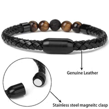 Load image into Gallery viewer, Ckysee Magnetic Clasp Leather Bracelet with Howlite Tiger Eye Lava Energy Healing Healing Stones Gift for Men 8.5 - Jewelry