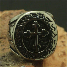 Load image into Gallery viewer, religous-jesus-cross-ring-amulet-jewlry-gold-black-rosegold-stainless-steel-letter-initials-letter-monogram-bible-rings-women-5-colors