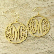 Load image into Gallery viewer, Custom Monogram Earrings with circle around hand stamped earrings alloy earrring Gold color - Ear Jewelry