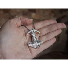 Load image into Gallery viewer, Huge Sterling Silver Thors Hammer Replica Pendant Necklace for Men with Triquetra and Triskele Viking Mjolnir Mens Norse Nordic Jewelry Perfect Gift/Additional Option -Sterling Silver Chains
