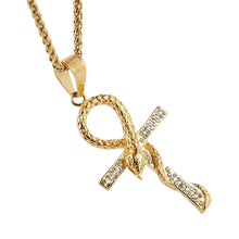 Load image into Gallery viewer, HZMAN Mens Dog Tag Stainless Steel Coptic Ankh Cross Religious Pendant Necklace (Snake - Gold) - Pendant Necklace