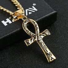Load image into Gallery viewer, HZMAN Mens Dog Tag Stainless Steel Coptic Ankh Cross Religious Pendant Necklace (Totem - Gold) - Pendant Necklace