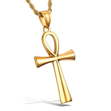Load image into Gallery viewer, HZMAN Mens Gold Stainless Steel Coptic Ankh Cross Religious Pendant Necklace 22 Rope Chain (Gold) - Pendant Necklace