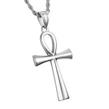 Load image into Gallery viewer, HZMAN Mens Gold Stainless Steel Coptic Ankh Cross Religious Pendant Necklace 24 Rope Chain (Silver) - Pendant Necklace