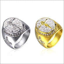 Load image into Gallery viewer, Iced-Out INRI Crucifix Cross of Jesus Christ Ring in Gold Plated Titanium Steel