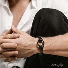 Load image into Gallery viewer, JINBAOYING Mens Bracelets Black Leather Bracelet Braided Genuine Leather Bracelet with Stainless Steel Wristband Cuff Bracelet 7.5-8.7 inch