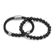 Load image into Gallery viewer, JOVIVI 2 Pcs Lava Stone Leather Beads Bracelets Essential Oil Diffuser Stainless Steel Cuff Beaded Bracelet Set Men Women Adjustable -
