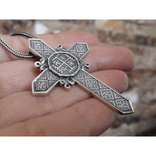 Load image into Gallery viewer, Large Ancient Pagan Cross Pendant Necklace Amulet Hands of God Replica Mens Celtic Cross"I believe because I know, I know because I believe" Heathen Jewelry for Men 925 Sterling Silver Handmade