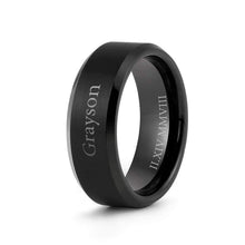 Load image into Gallery viewer, LerchPhi Mens 8mm Black Tungsten Carbide Ring Matte Brushed with Bevelled Edge Free Personalized Custom Name Date Coordinates Engrave