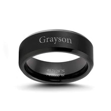 Load image into Gallery viewer, LerchPhi Mens 8mm Black Tungsten Carbide Ring Matte Brushed with Bevelled Edge Free Personalized Custom Name Date Coordinates Engrave
