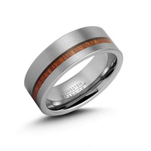 Load image into Gallery viewer, LerchPhi Mens 8mm Silver Tungsten Carbide Ring Outside Matte Brushed with Wooden Texture Inlay Free Personalized Engrave Supported Comfort