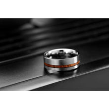 Load image into Gallery viewer, LerchPhi Mens 8mm Silver Tungsten Carbide Ring Outside Matte Brushed with Wooden Texture Inlay Free Personalized Engrave Supported Comfort