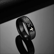 Load image into Gallery viewer, Lords Prayer Cross Ring for Men (Black Stainless Steel) - Religous Bible Verse Inscribed Jewelry