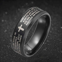 Load image into Gallery viewer, Lords Prayer Cross Ring for Men (Black Stainless Steel) - Religous Bible Verse Inscribed Jewelry
