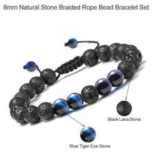 Load image into Gallery viewer, M MOOHAM Natural Bead Bracelet 8mm Gem Semi Precious Stone Round Bead Black Lava Rock and Blue Tiger Eye Beads Bracelet Men Women Stress