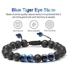 Load image into Gallery viewer, M MOOHAM Natural Bead Bracelet 8mm Gem Semi Precious Stone Round Bead Black Lava Rock and Blue Tiger Eye Beads Bracelet Men Women Stress