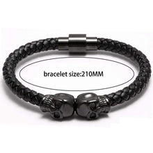Load image into Gallery viewer, Meangel Braided Leather Bracelet for Men Stainless Steel Twin Skull Bangle Magnetic-Clasp 8.2 Inch - Apparel