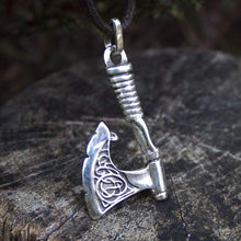 Load image into Gallery viewer, Mens Nordic Axe of Perun Necklace/Solid Sterling Silver 925/ Viking Thors Hammer Mjolnir Pendant with Celtic Knot/Norse Pagan Hatchet/Scandinavian Jewelry Gifts for Men/Handmade/appx 10 gr