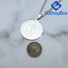 Load image into Gallery viewer, Mens Silver Stainless Steel Catholic Religious Patron Saint St Benedict Holy Medal Pendant Necklace SS Curb Chain 60CM - Pendant Necklace