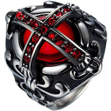 Load image into Gallery viewer, Mens Stainless Steel Vintage Ruby Red Gemstone Cross Rings Silver Black Gothic Biker Wedding Band - 10 / Silver Black - 3888171