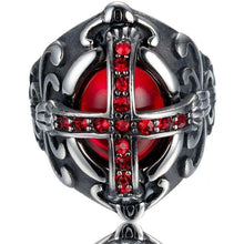 Load image into Gallery viewer, Men's Stainless Steel Vintage Ruby Red Gemstone Cross Rings Silver Black Gothic Biker Wedding Band