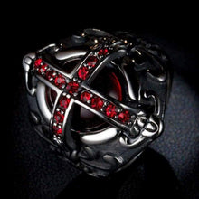 Load image into Gallery viewer, Men's Stainless Steel Vintage Ruby Red Gemstone Cross Rings Silver Black Gothic Biker Wedding Band