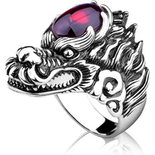 Load image into Gallery viewer, MetJakt Punk Rock Domineering Dragon Ring with Garnet Solid 925 Sterling Silver Handmade Engraved Men's Rider Jewelry