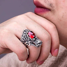 Load image into Gallery viewer, MetJakt Punk Rock Domineering Dragon Ring with Garnet Solid 925 Sterling Silver Handmade Engraved Men's Rider Jewelry