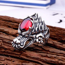 Load image into Gallery viewer, MetJakt Punk Rock Domineering Dragon Ring with Garnet Solid 925 Sterling Silver Handmade Engraved Men's Rider Jewelry