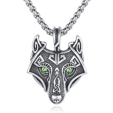 Load image into Gallery viewer, Pewter Viking Necklace Norse Amulet Pendant Necklace Celtic Pagan Jewelry Viking Gift Jewelry - Viking Wolf with Green Eyes - 3888121