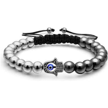 Load image into Gallery viewer, PiercingJ Mens Round Ball Silver Beaded Bracelet Hamsa Hand Evil Eye Chain 8mm Stainless Steel Hematite Stone Beads Adjustable Braided Macrame Tassels Bangle