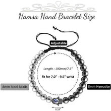Load image into Gallery viewer, PiercingJ Mens Round Ball Silver Beaded Bracelet Hamsa Hand Evil Eye Chain 8mm Stainless Steel Hematite Stone Beads Adjustable Braided Macrame Tassels Bangle