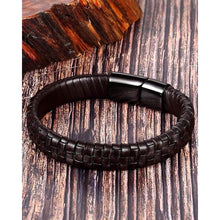 Load image into Gallery viewer, TheGoldSteel Mens Black Brown Blue Leather Bracelets Stainless Steel Safety Magnetic Clasp Buckle. Top Grain Leather Cuff Wristbands. Great