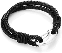 Load image into Gallery viewer, Braided Black Genuine Leather Bracelet with Locking Stainless Steel Clasp (Black  Silver  Length 8&quot;)
