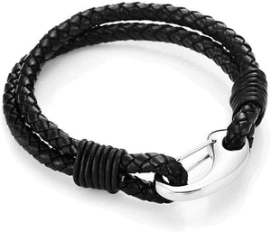 Braided Black Genuine Leather Bracelet with Locking Stainless Steel Clasp (Black  Silver  Length 8")