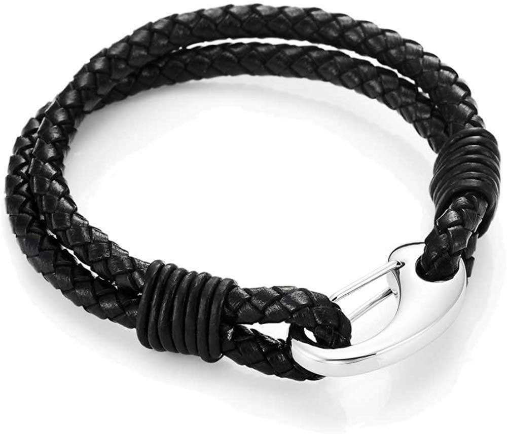Braided Black Genuine Leather Bracelet with Locking Stainless Steel Clasp (Black  Silver  Length 8