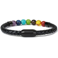 Load image into Gallery viewer, 7 Chakra Real Stone Healing Bracelet Genuine Leather Braided with Magnetic Clasp Mens Best Gift 8.5 - Jewelry
