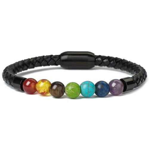 7 Chakra Real Stone Healing Bracelet Genuine Leather Braided with Magnetic Clasp Mens Best Gift 8.5 - Jewelry