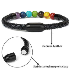 Load image into Gallery viewer, 7 Chakra Real Stone Healing Bracelet Genuine Leather Braided with Magnetic Clasp Mens Best Gift 8.5 - Jewelry
