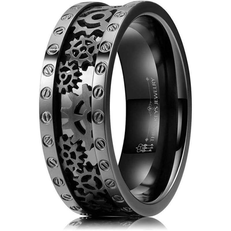 8mm Steampunk Titanium Gear Wheel Pinion Bolts Ring Black Zirconium Wedding Band Rivet