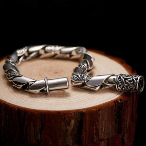 925 Silver Bracelet Men Vintage Punk High Polished Auspicious Flowers Embossed Bracelets Handmade Thai Silver Jewelry