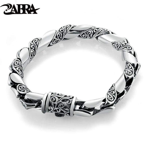 925 Silver Bracelet Men Vintage Punk High Polished Auspicious Flowers Embossed Bracelets Handmade Thai Silver Jewelry
