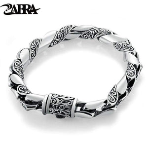 925 Silver Bracelet Men Vintage Punk High Polished Auspicious Flowers Embossed Bracelets Handmade Thai Silver Jewelry