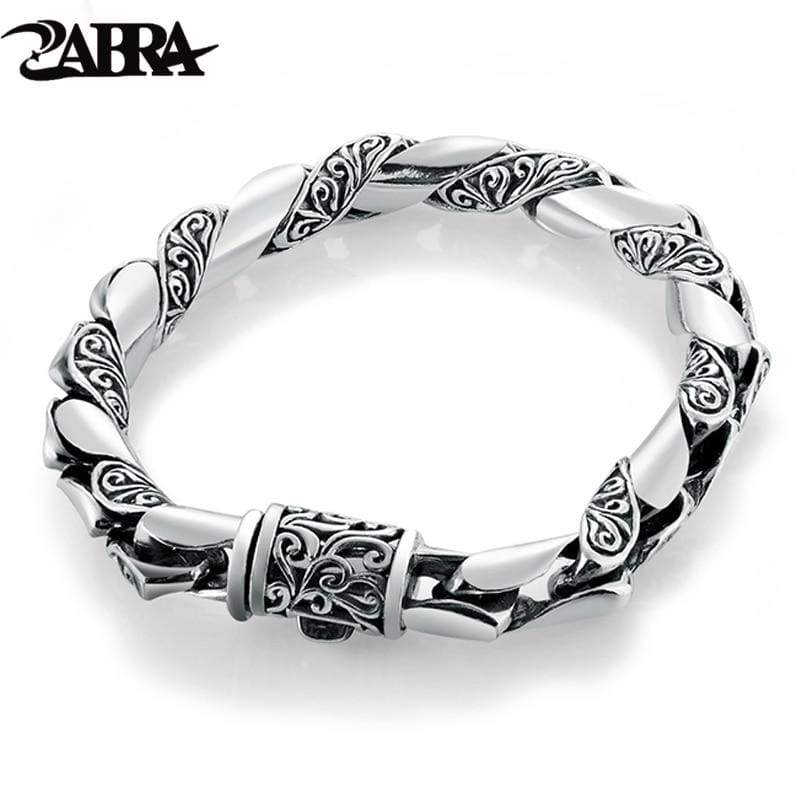 925 Silver Bracelet Men Vintage Punk High Polished Auspicious Flowers Embossed Bracelets Handmade Thai Silver Jewelry