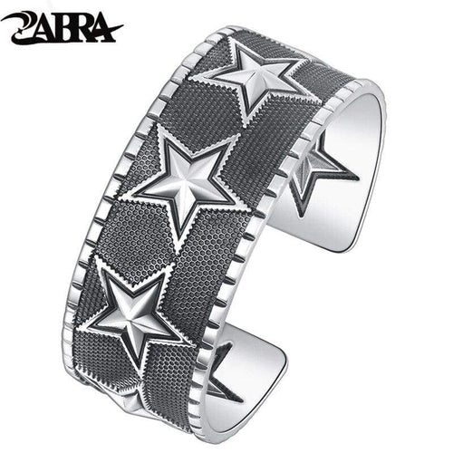 925 Sterling Silver 26mm Five Pointed Star Open Cuff Bangle Bracelet for Large Mens Vintage Rock Mens Jewelry